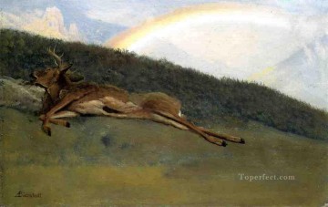  Bierstadt Lienzo - Arco iris sobre un ciervo caído luminismo Albert Bierstadt